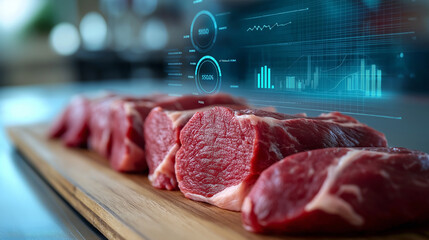 Raw meat slices on a wooden cutting board with a digital financial stock chart overlay.