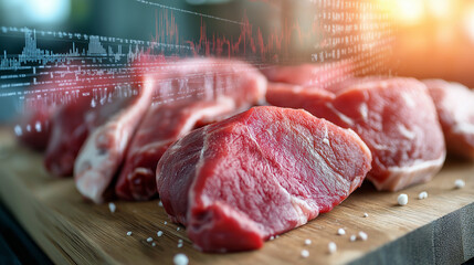 Raw meat slices on a wooden cutting board with a digital financial stock chart overlay.