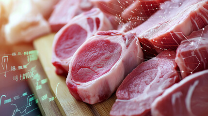 Raw meat slices on a wooden cutting board with a digital financial stock chart overlay.
