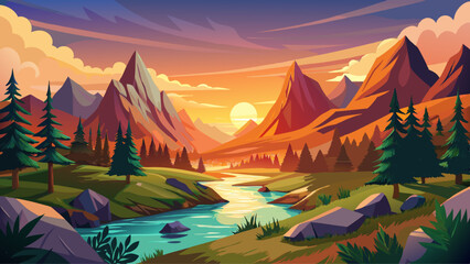 Mountain valley during sunset. Natural summer landscape