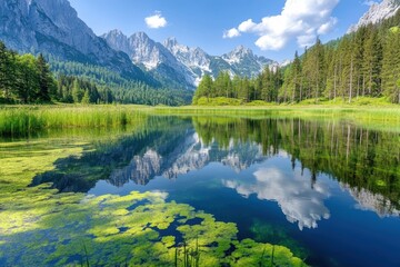 美しい山々に囲まれた静かな湖の風景、晴れた日の日中