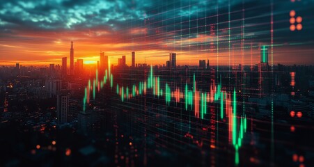 Naklejka premium City Skyline at Sunset With Digital Stock Market Data Visualization in the Foreground