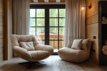 Relaxing Beige Armchairs Modern Room Cozy Interior Design Wooden Walls Natural Light Spacious       