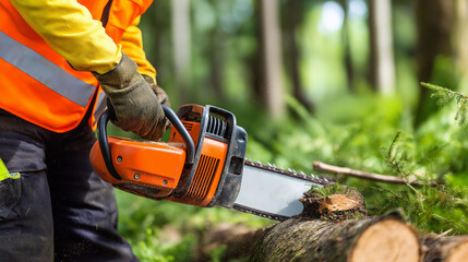 A worker in safety gear uses an orange chainsaw to cut through a tree log in a forest setting.
