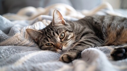 Cat lying atop an unoccupied bed kneading a piece of clothing that carries its owner's scent purring softly yet exhibiting signs of missing companionship