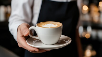 A barista holds a white coffee cup with a white saucer. The cup is topped with a swirl of foam, giving it a fancy appearance. The barista's hand is holding the cup