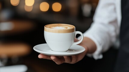 Fototapeta premium A waiter is holding a white coffee cup with a white saucer. The cup is filled with coffee and has a foam top. The person is wearing a white shirt and a black vest. The scene is set in a coffee shop