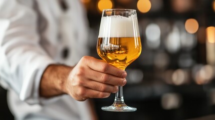 A man is holding a glass of beer. The glass is half full and the man is smiling. Concept of relaxation and enjoyment