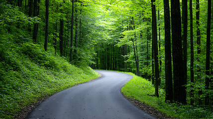 Fototapeta premium Winding Asphalt Path Through a Lush Green Forest with Sunlight Filtering Through Trees Creating a Serene Landscape Scene