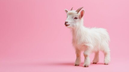 Fototapeta premium Adorable fluffy pygmy goat standing in studio with bright pink background
