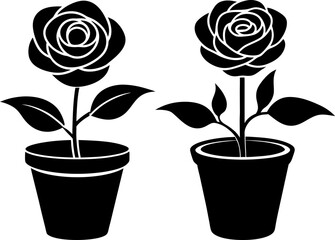 Rose plant in a pot vectors collection black and white, Vector of rose in pot set design