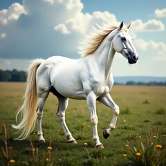 Majestic white stallion with flowing mane and tail, set against a serene natural background, magic, nature
