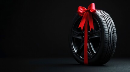 Black tire decorated with red ribbon bow. Gift concept for Christmas. Product image for auto shop. Festive presentation. Ideal for vehicle parts sales. New tire for car truck. Transport concept