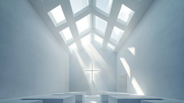 Minimalist white chapel with geometric architecture sunlight streaming through abstract cross-shaped skylights peaceful and modern - Powered by Adobe