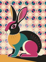 Obraz premium A stylized illustrative rabbit with bold, vibrant colors and flat design, set against a whimsical, geometric patterned background. The rabbit is simplified and modern