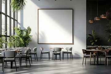 Modern Restaurant Interior Design Mockup Large Blank Canvas Wall Minimalist Style Greenery Plants   