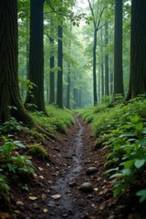 Obraz premium Muddy forest floor with decaying trees and overgrown underbrush , fallen branches, woodland erosion