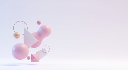 Obraz premium Pastel pink 3D arrangement an organic blob, spheres, triangles, and rings floating in a minimal geometric scene. For modern design, branding, product mockups, or artistic backgrounds.