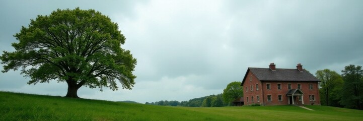 Fototapeta premium Overcast sky with a few trees and a brick building in the background, outdoor, cityscape, grey skies