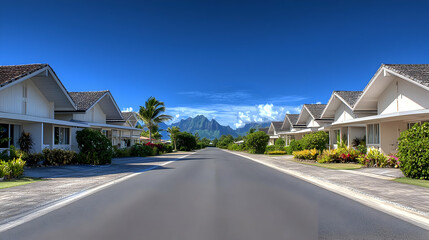 Residential Road With White Houses Leading Towards Mountain View Under Bright Blue Sky