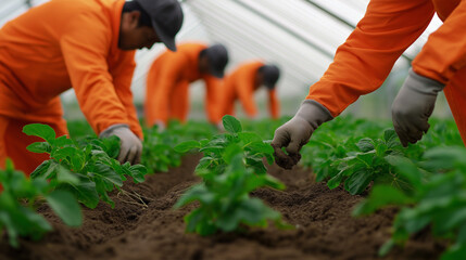 Fototapeta premium Workers wearing orange uniforms plant young seedlings in a greenhouse, carefully tending to rows of crops in fertile soil. 