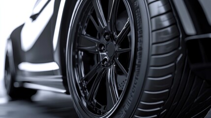 Close-up of a sleek, modern car's wheel and tire.  Dark, glossy finish on the alloy wheel and tire.  High-quality, studio shot.  Focus on details.