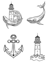 Large set of beautiful marine stickers - detailed Line Art design. templates for printing stickers and textiles