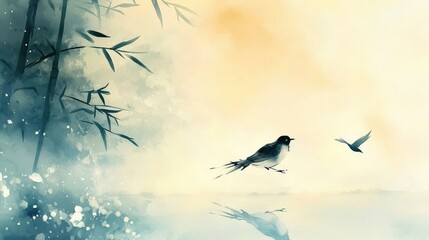 Obraz premium Peaceful Bamboo Forest Scene with Birds