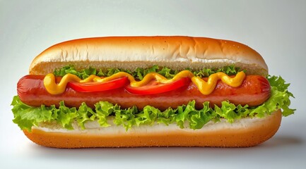 Delicious Hot Dog With Fresh Lettuce, Mustard, and Tomatoes on a Bun