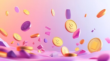 Luxury Finance Concept: Gold Coins, Cash, and Digital Currency in a Stylish Pink Setting