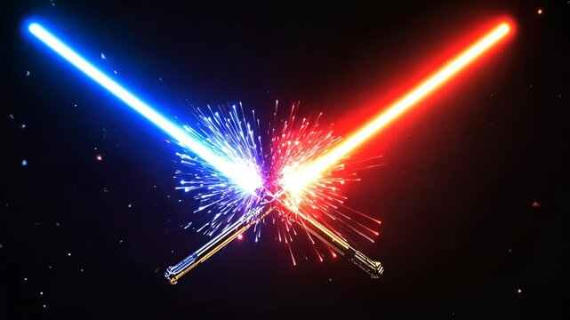 Colorful lightsabers clash in an explosive display of energy during an epic battle in a sci-fi universe