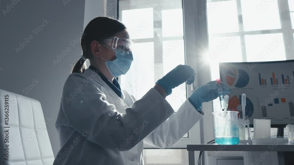 Poster A dedicated scientist in a lab coat and gloves is meticulously preparing a research sample, demonstrating precision and expertise in vaccine development within a modern laboratory
