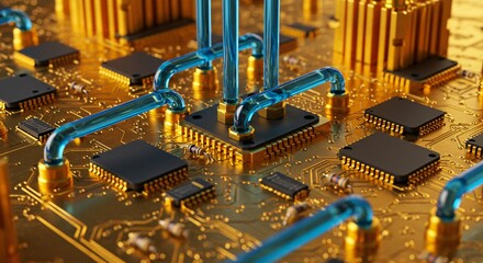 Futuristic computer system with liquid cooling. High tech motherboard server water cooling concept. Abstract electronic circuit for innovation and fast technology.