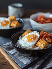 Delicious Chinese breakfast featuring rice porridge with egg, fried vegetables, and soy sauce served in cozy setting