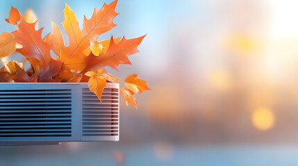 Home HVAC maintenance. Fall cleaning, repair, service. Autumn leaves covering air conditioning units