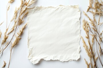 Textured White Paper with Dried Grasses Neutral Flat Lay Mockup