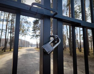 Closed iron gate fence with lock. Close-up view of an iron padlock on a black iron gate