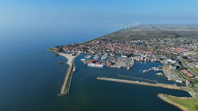 Aerial from the historical town and harbor  Urk at the IJsselmeer in the Netherlands