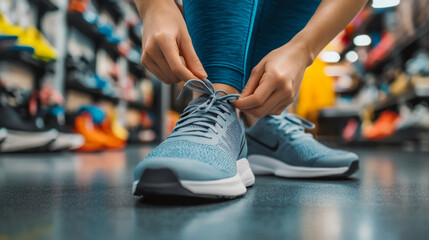 In a sporting goods store, a woman is trying on new gym shoes, carefully tying the laces as she considers the fit and comfort for her upcoming workout.