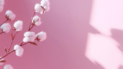 Delicate cotton plant branches with fluffy white bolls on a soft beige background.
