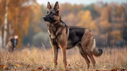 Confident German Shepherd standing tall during obedience demonstration ears erect eyes focused intently on its handler executing commands with precision tail held high exuding authority and readiness