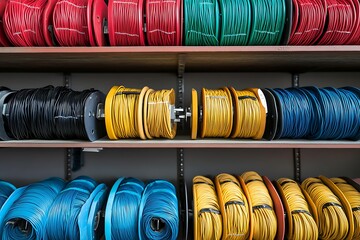Shelves stocked with colorful spools of electrical cable