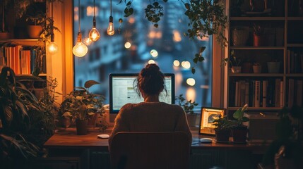 Obraz premium Cozy Home Office with Evening Lighting, A Perfect Workspace for Creative Minds