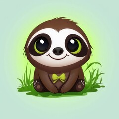 Fototapeta premium Adorable Cartoon Sloth with Yellow Bow Tie in Grass