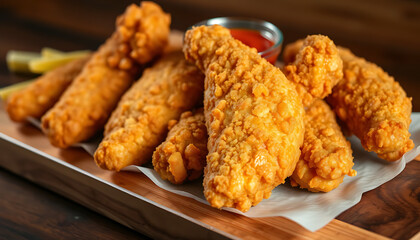 Crispy Fried Chicken Tenders with Ketchup and Pickles