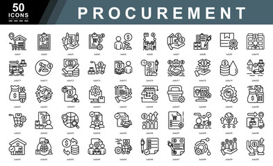 Procurement icon collection set. Containing Warehouse,Financial Report,Invoice,Procurement,Tender,Negotiation,Paying,Inventory,Best Product,Company icon. Simple line vector illustration.