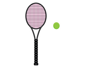 Vector design of a sports equipment called a black tennis racket and also a green tennis ball next to it