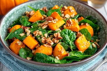 Colorful butternut squash is roasted and mixed with fresh spinach and crunchy pecans, creating a healthy and appealing dish perfect for any meal. Ideal for fall dining