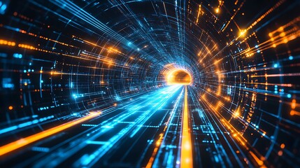 Obraz premium Abstract Digital Tunnel with Glowing Lines, Data Streams, and Futuristic Technology Connecting Networks in Blue and Orange.
