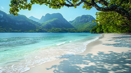 Seaside Serenity: A picturesque view of a tranquil seascape, featuring a pristine sandy beach with gentle waves lapping at the shore. Mountains in the background. 